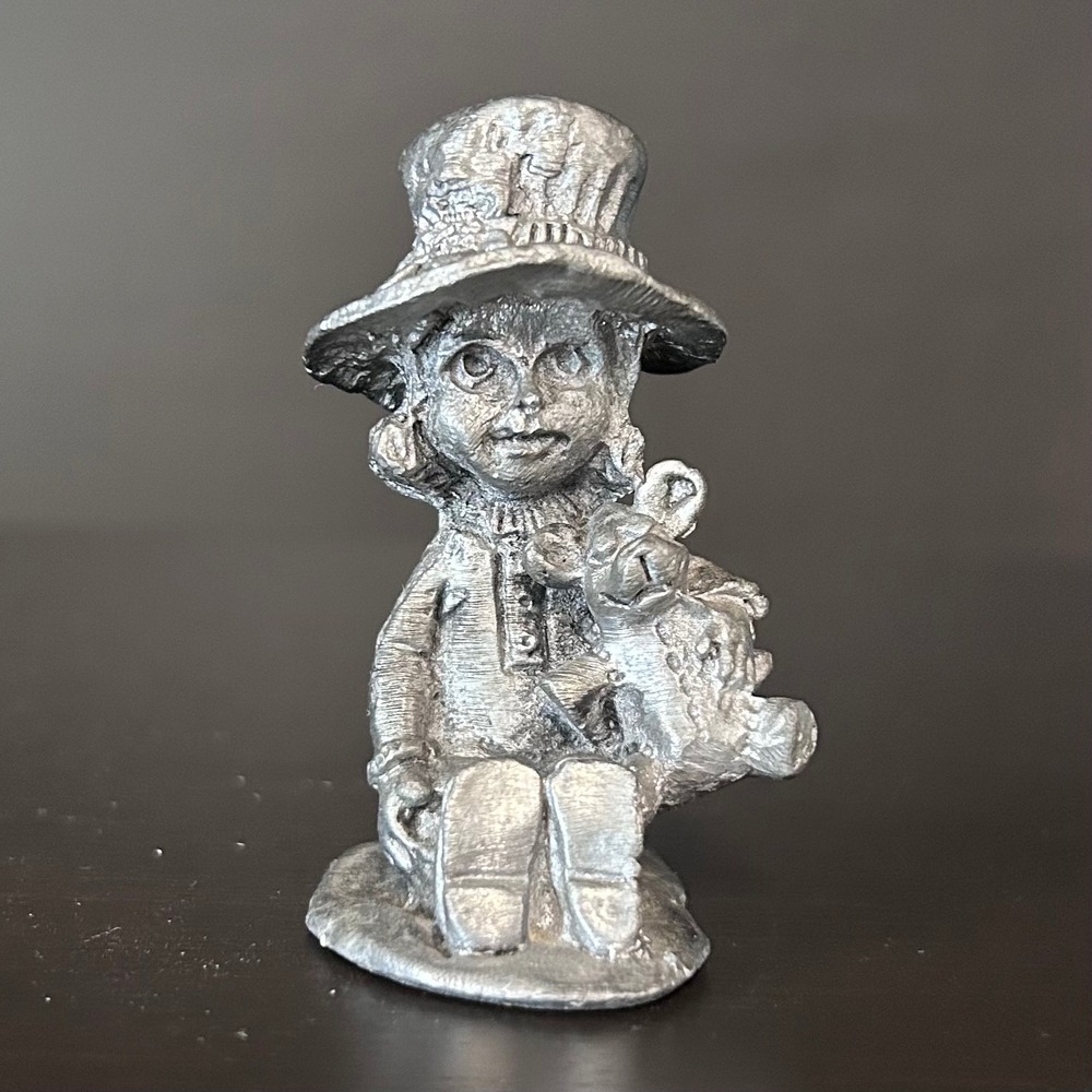 Vintage 1975 Ricker Pewter Miniature Girl with Teddy Bear Figurine Silver Tone